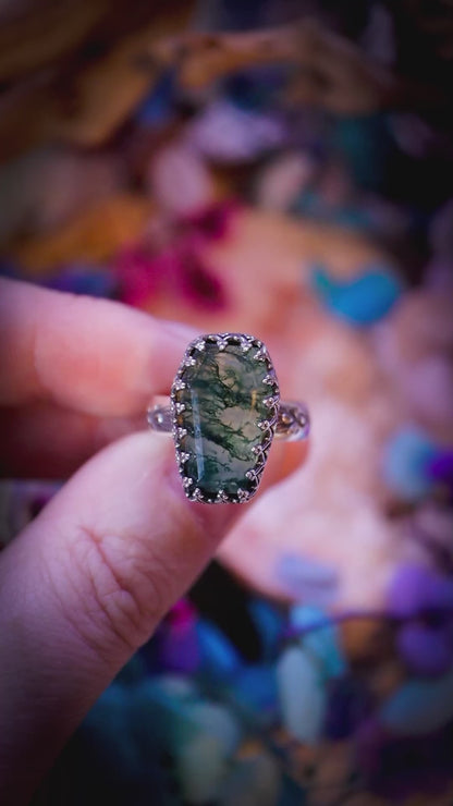 Handmade Moss Agate Coffin, Sterling Silver Mini Statement Stacker Ring: Gothic Witchy Jewellery