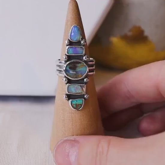 Handmade, Multi-stone, Australian Boulder Opal Ring, 925 Sterling Silver and Fine Silver - Size M 1/2 or 6.5 - Birthday Gift, Anniversary