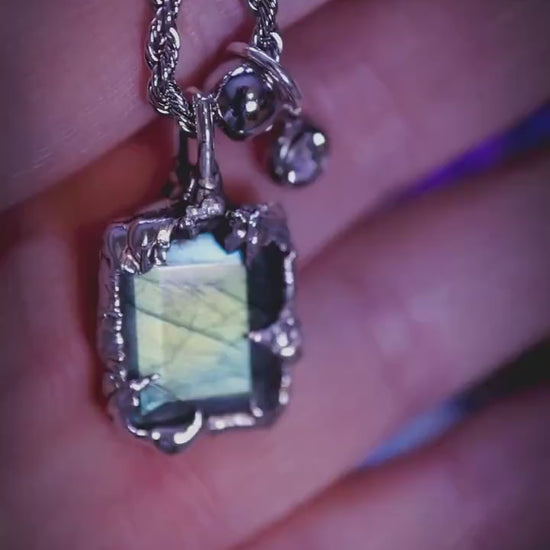 Handmade, faceted icy blue labradorite, soft soldered pendant necklace - gothic and witchy jewellery gifts