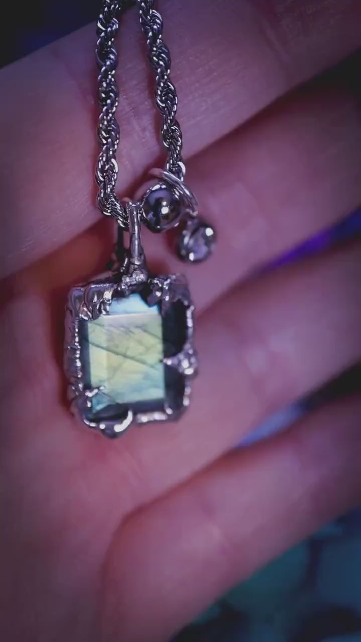 Handmade, faceted icy blue labradorite, soft soldered pendant necklace - gothic and witchy jewellery gifts