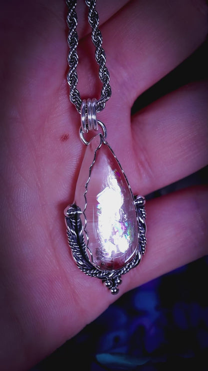 Handmade White Topaz Pendant Necklace in Sterling and Fine Silver Gemstone Necklace - Rainbow Crystal Jewellery - Fae and Celestial