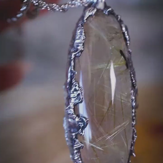 Handcrafted and unique, golden rutile quartz crystal, soft soldered pendant necklace - witchy jewellery, gothic gifts