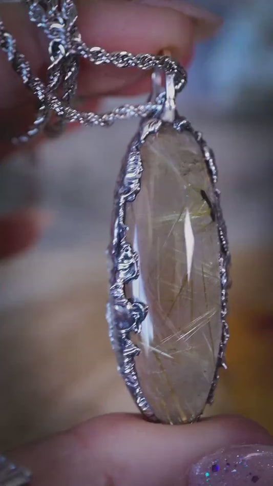 Handcrafted and unique, golden rutile quartz crystal, soft soldered pendant necklace - witchy jewellery, gothic gifts