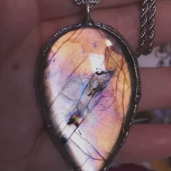 Very unique, handmade, multi-flash labradorite spectrolite soft soldered pendant - witchy jewellery, gothic style