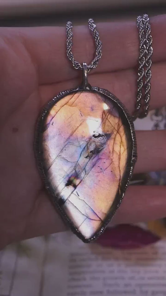 Very unique, handmade, multi-flash labradorite spectrolite soft soldered pendant - witchy jewellery, gothic style