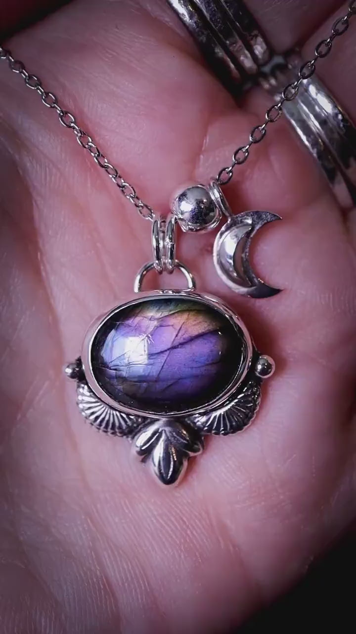 Handcrafted, purple, blue and orange labradorite crystal pendant - hippy jewellery, crystal gifts