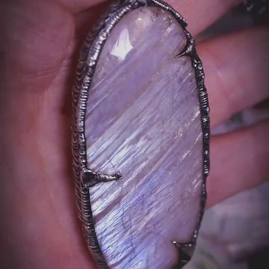 Handmade, and witchy, oval belomorite moonstone, soft soldered pendant necklace: Crystal and jewellery gifts