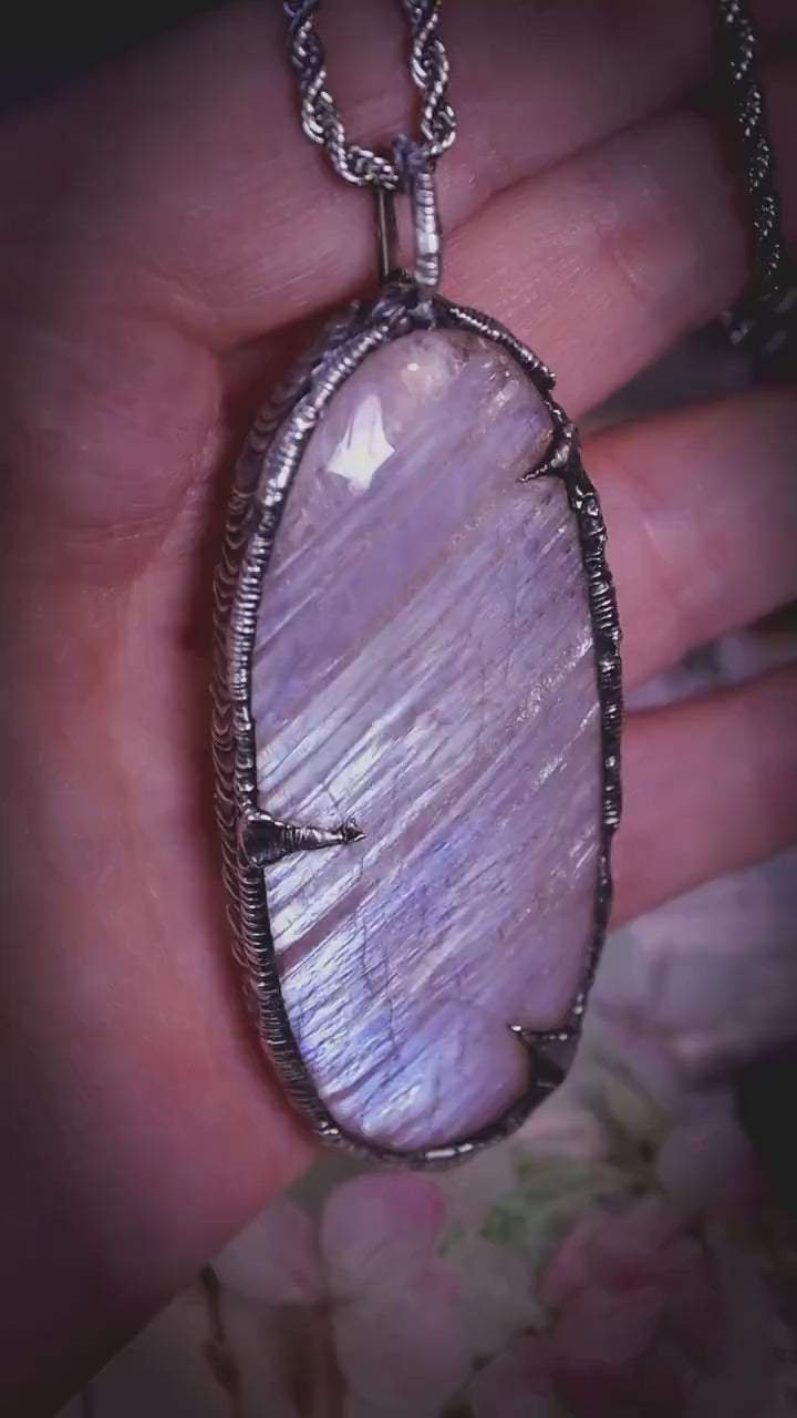 Handmade, and witchy, oval belomorite moonstone, soft soldered pendant necklace: Crystal and jewellery gifts