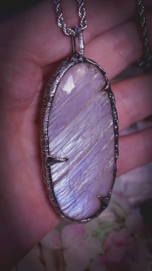 Handmade, and witchy, oval belomorite moonstone, soft soldered pendant necklace: Crystal and jewellery gifts