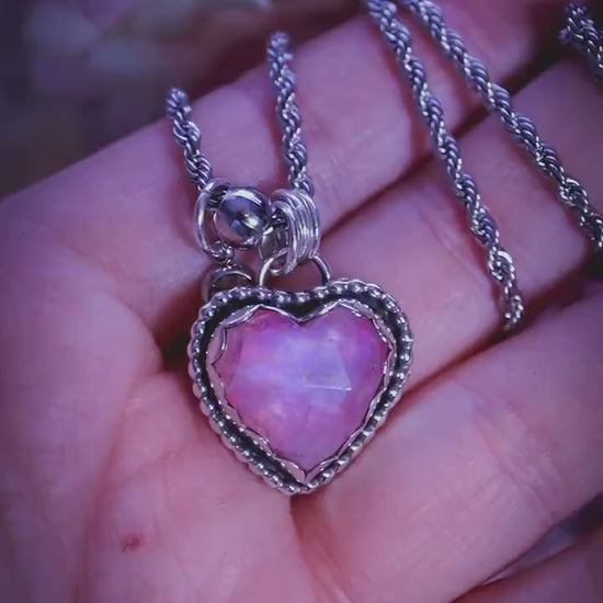 Handmade and bespoke, very pink rainbow moonstone heart, sterling silver pendant necklace - jewellery and crystal gifts