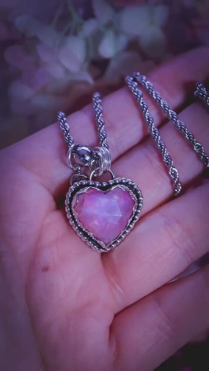 Handmade and bespoke, very pink rainbow moonstone heart, sterling silver pendant necklace - jewellery and crystal gifts