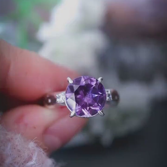 Beautiful and handmade, natural faceted amethyst crystal and cubic zirconia, sterling silver statement ring: Crystal and jewellery gifts