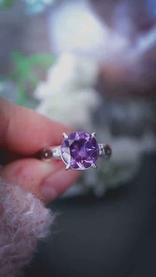 Beautiful and handmade, natural faceted amethyst crystal and cubic zirconia, sterling silver statement ring: Crystal and jewellery gifts