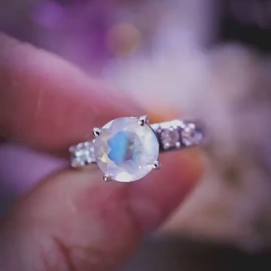 Beautiful and handmade, natural faceted rainbow moonstone and cubic zirconia, sterling silver statement ring: Crystal and jewellery gifts