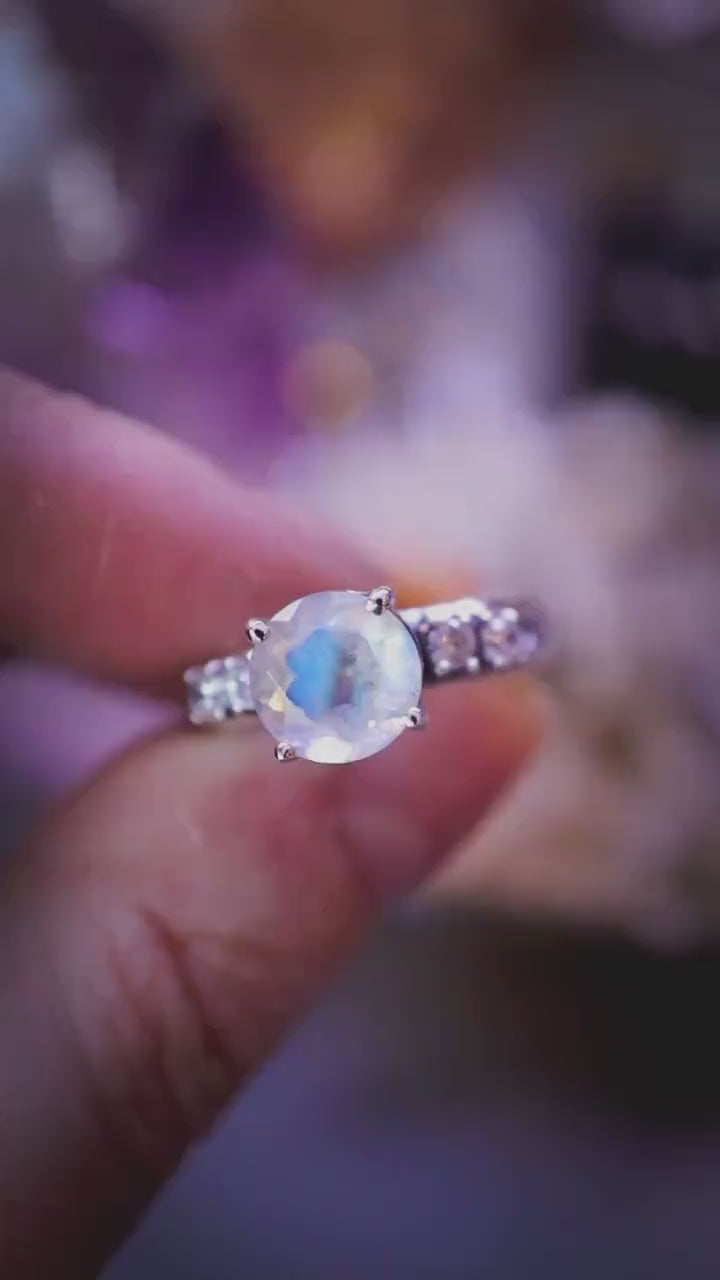 Beautiful and handmade, natural faceted rainbow moonstone and cubic zirconia, sterling silver statement ring: Crystal and jewellery gifts