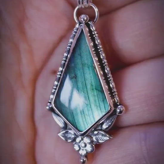 One of a kind, and bespoke, natural green and blue, labradorite crystal pendant necklace - Fae and celestial jewellery gifts