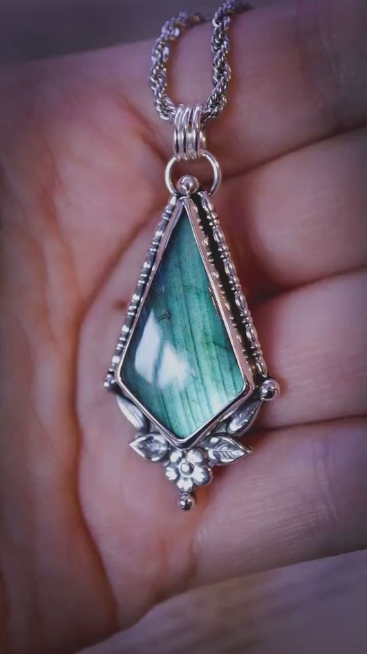 One of a kind, and bespoke, natural green and blue, labradorite crystal pendant necklace - Fae and celestial jewellery gifts