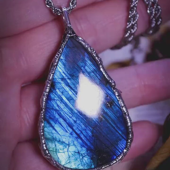 Handmade and unique, flashy blue and green labradorite crystal, soft soldered pendant - witchy jewellery, gothic style