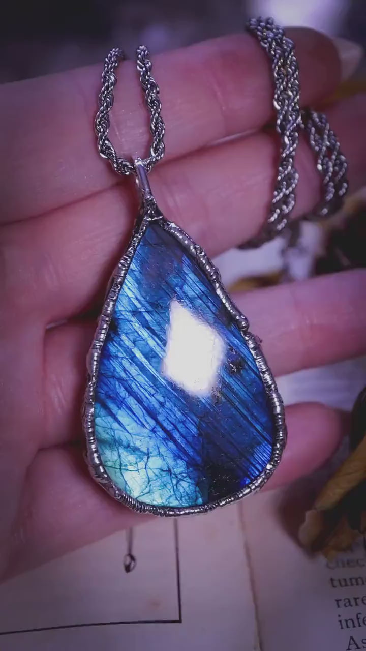 Handmade and unique, flashy blue and green labradorite crystal, soft soldered pendant - witchy jewellery, gothic style