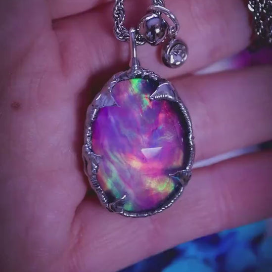 Witchy, soft soldered, pink, orange and green aurora opal pendant necklace - Gothic Jewellery gifts