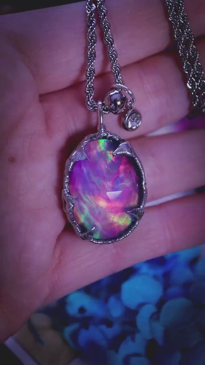 Witchy, soft soldered, pink, orange and green aurora opal pendant necklace - Gothic Jewellery gifts
