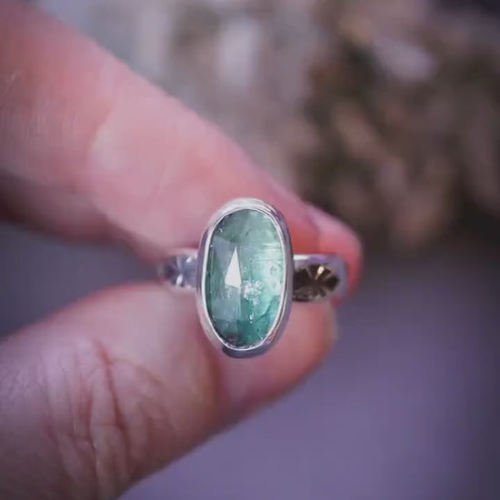 Beautiful and handcrafted, teal green kyanite crystal, sterling silver stacking ring - Jewellery and crystal gifts