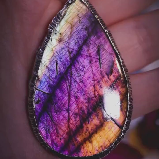 Handmade flashy purple, pink, multi-flash labradorite spectrolite soft soldered pendant - witchy jewellery, gothic style