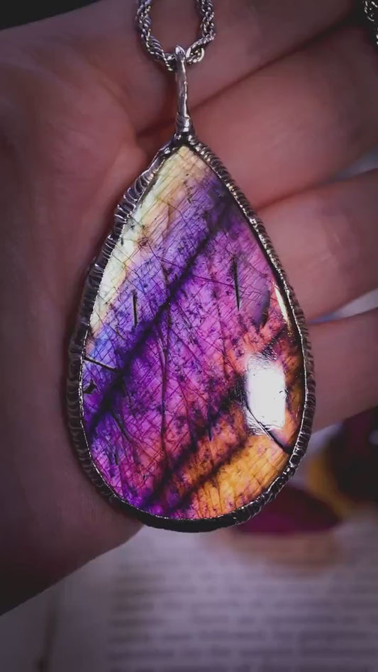 Handmade flashy purple, pink, multi-flash labradorite spectrolite soft soldered pendant - witchy jewellery, gothic style
