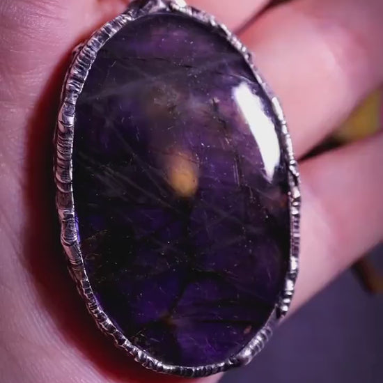 Dark and mystical, handmade, deep purple flash, labradorite soft soldered statement pendant - crystal gifts