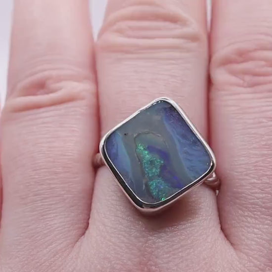 Handmade Australian Boulder Opal Fine and 925 Sterling Silver Ring, 9.6ct Opal - Size R 1/2 or 8 3/4