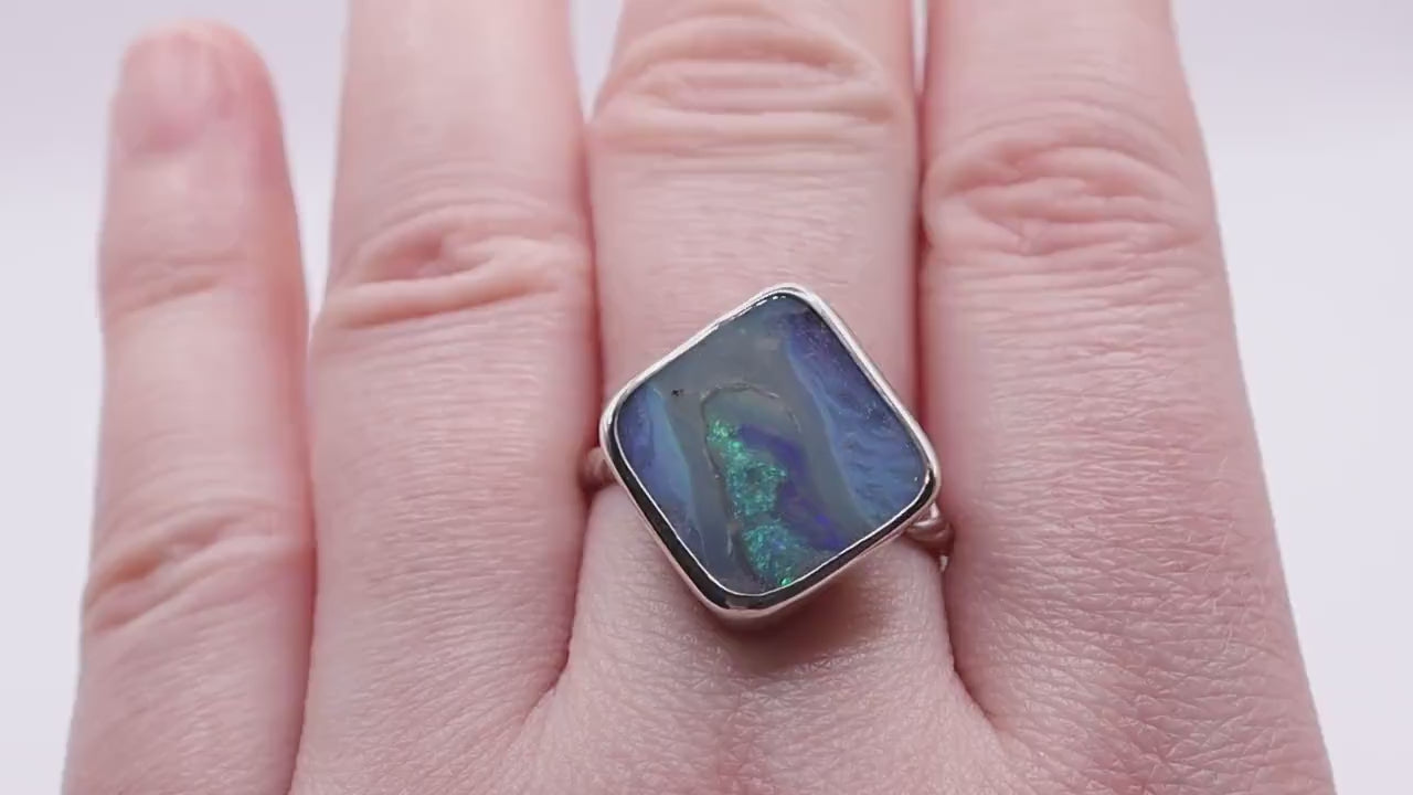 Handmade Australian Boulder Opal Fine and 925 Sterling Silver Ring, 9.6ct Opal - Size R 1/2 or 8 3/4