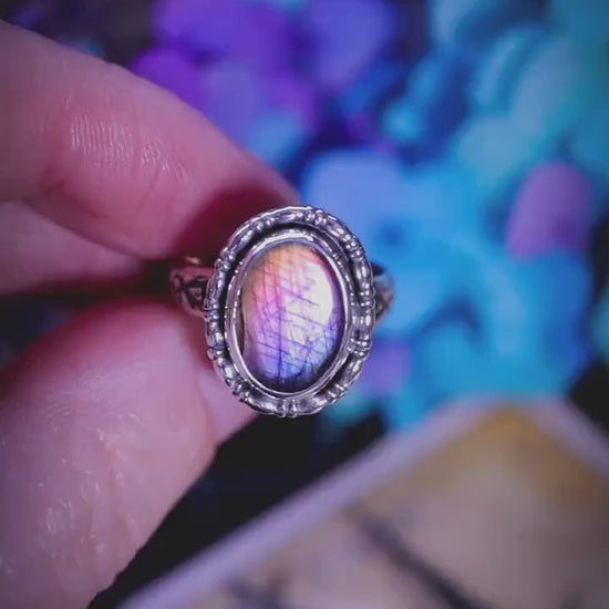 Handmade and gothic, deep purple and pink labradorite, sterling silver ring - Jewellery crystal gifts
