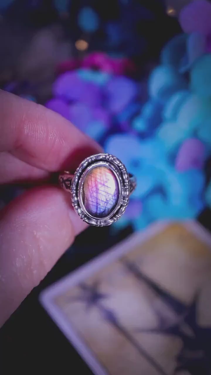 Handmade and gothic, deep purple and pink labradorite, sterling silver ring - Jewellery crystal gifts