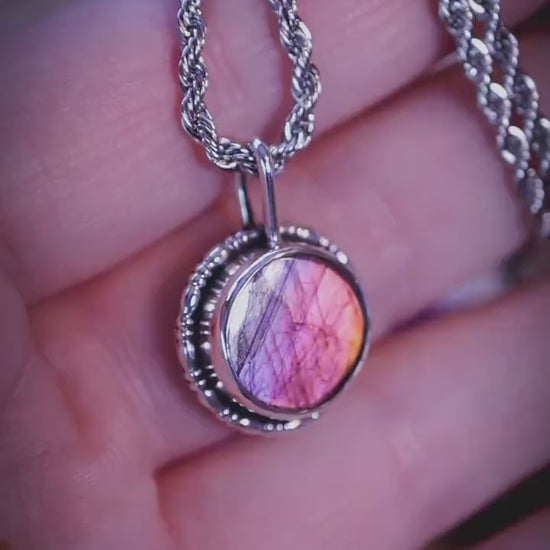 Handcrafted and dainty, purple, orange and silver Labradorite Spectrolite, silver pendant necklace -  crystal jewellery gifts