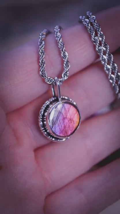 Handcrafted and dainty, purple, orange and silver Labradorite Spectrolite, silver pendant necklace -  crystal jewellery gifts