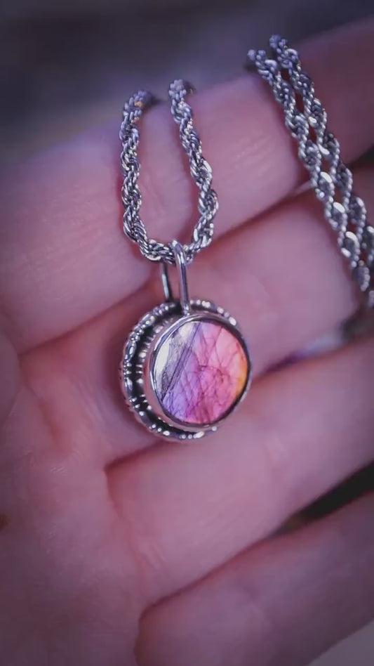 Handcrafted and dainty, purple, orange and silver Labradorite Spectrolite, silver pendant necklace -  crystal jewellery gifts