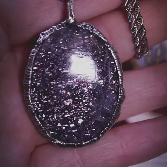 Handmade and unique, iolite sunstone crystal, soft soldered, pendant necklace - celestial jewellery, gothic and witchy gifts