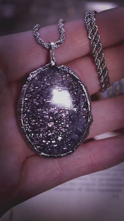 Handmade and unique, iolite sunstone crystal, soft soldered, pendant necklace - celestial jewellery, gothic and witchy gifts