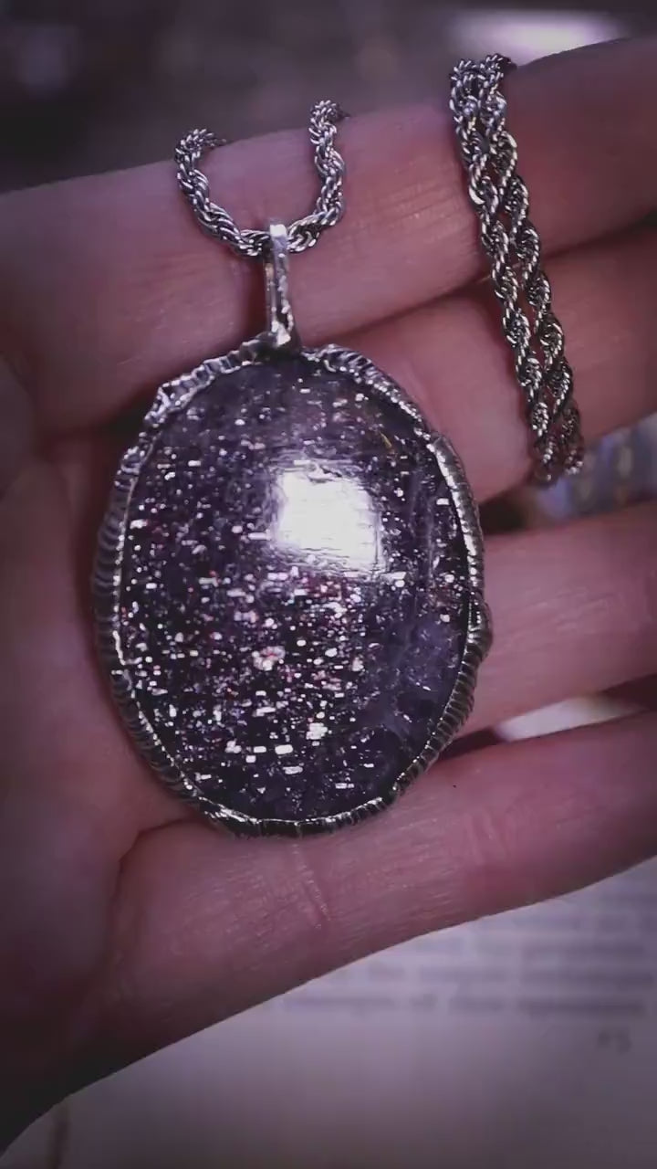 Handmade and unique, iolite sunstone crystal, soft soldered, pendant necklace - celestial jewellery, gothic and witchy gifts