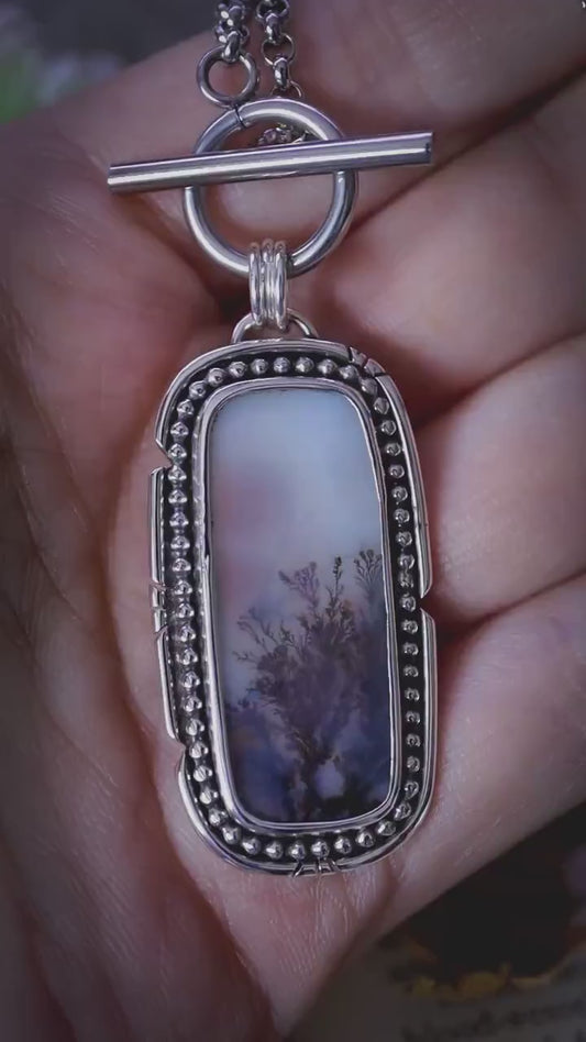 Handmade and bespoke, natural scenic dendritic agate, sterling silver pendant necklace - crystal and jewellery gifts