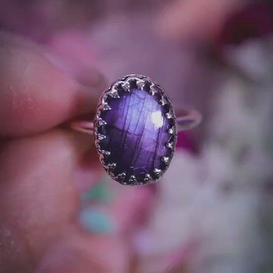 Handmade and gothic, deep purple labradorite, sterling silver ring - Jewellery crystal gifts