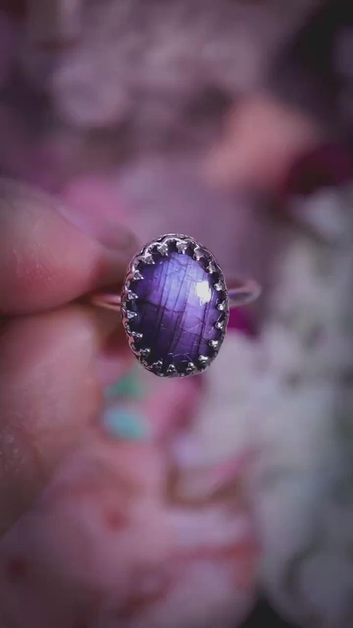 Handmade and gothic, deep purple labradorite, sterling silver ring - Jewellery crystal gifts