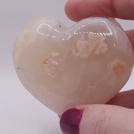 Beautiful Polished Flower Agate / Cherry Blossom Agate Puffy Crystal Heart - For Self-Growth and Manifestation