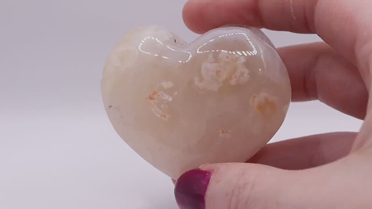 Beautiful Polished Flower Agate / Cherry Blossom Agate Puffy Crystal Heart - For Self-Growth and Manifestation