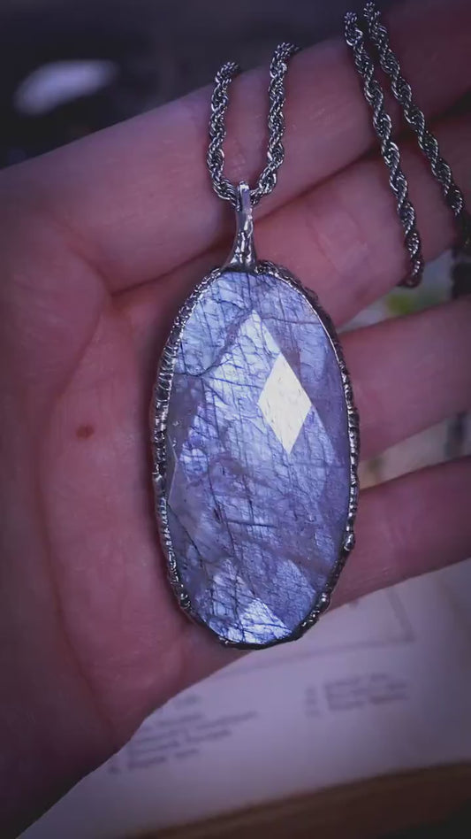Handmade, rose cut belomorite moonstone, soft soldered pendant necklace - crystal jewellery gifts for her