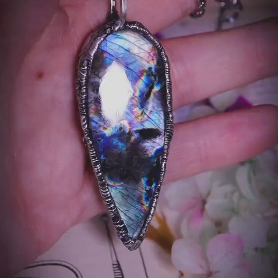 Handmade and very unique, multi-flash blue and green, labradorite soft soldered statement pendant necklace: Gothic and witchy jewellery