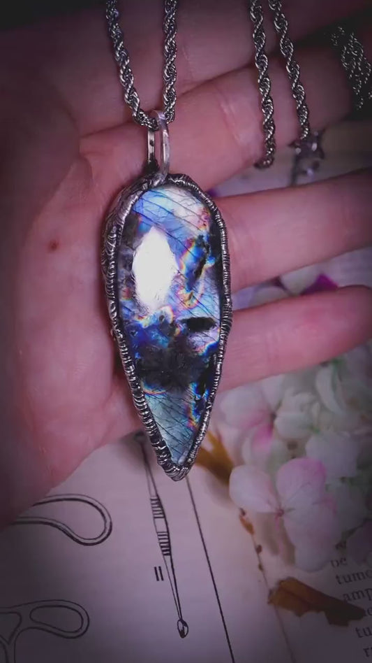 Handmade and very unique, multi-flash blue and green, labradorite soft soldered statement pendant necklace: Gothic and witchy jewellery
