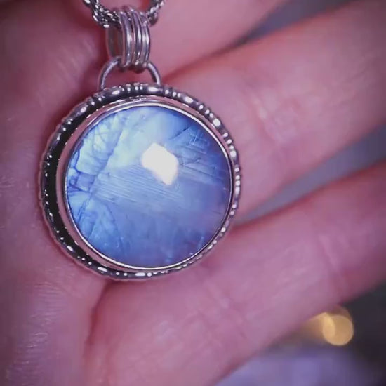 Handcrafted and unique, high grade, rainbow moonstone, sterling silver pendant necklace - Crystal jewellery gifts - June Birthstone