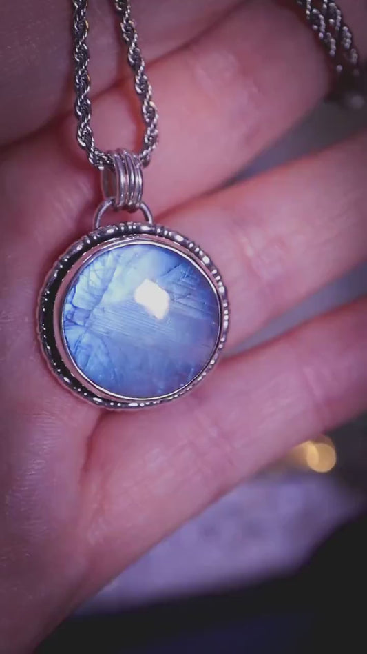 Handcrafted and unique, high grade, rainbow moonstone, sterling silver pendant necklace - Crystal jewellery gifts - June Birthstone