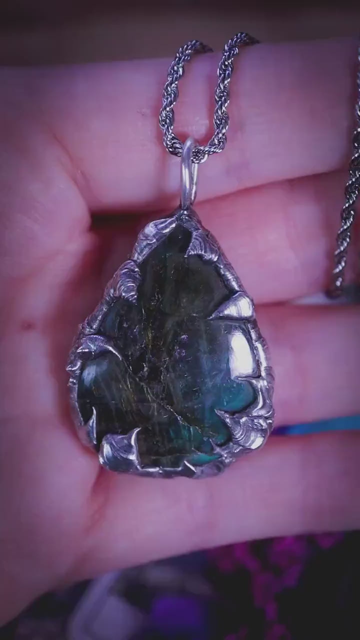Green and Blue Labradorite Crystal Pendant Necklace, Soft Soldered Crystal Jewellery